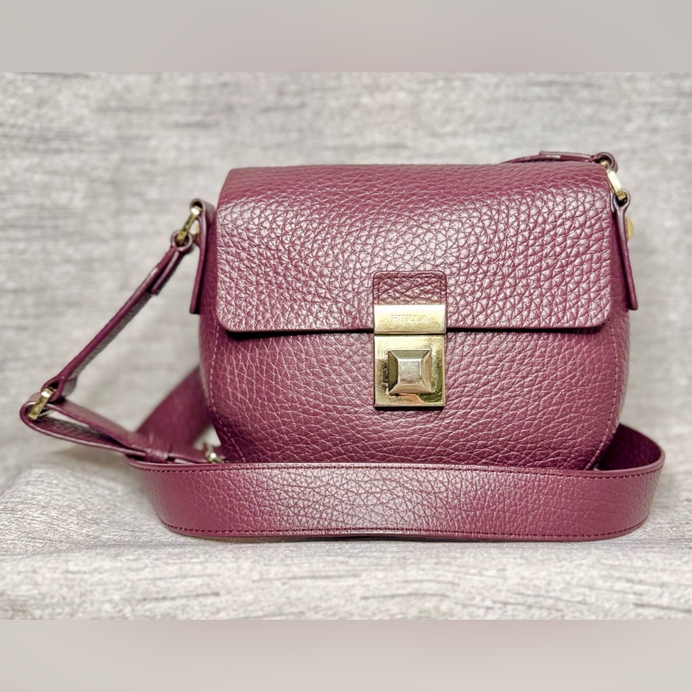 Furla Purple Leather Saddle Crossbody Bag - 7.5" x 6.5 - “Bordeaux” Mini Glenn